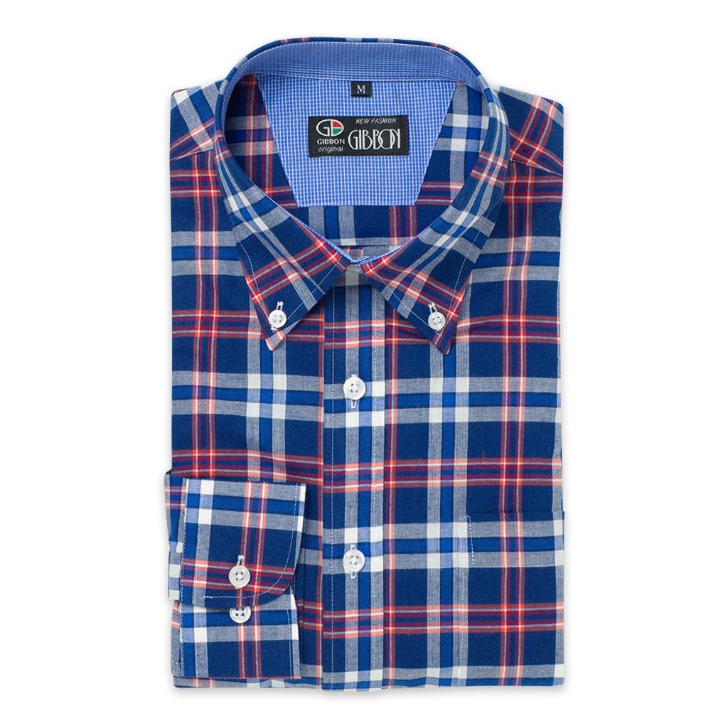 GIBBON 英倫風格紋休閒長袖襯衫藍紅格-2