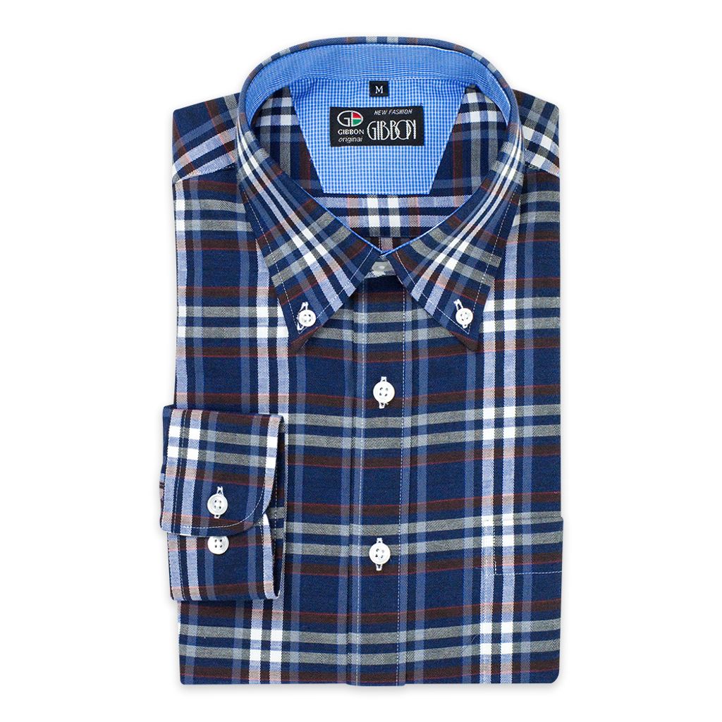 GIBBON 英倫風格紋休閒長袖襯衫藍格紋-2