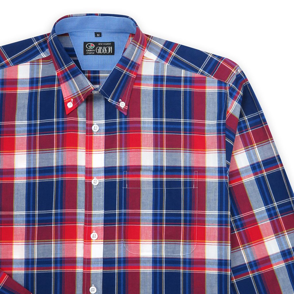 GIBBON 英倫風格紋休閒長袖襯衫紅藍格-5