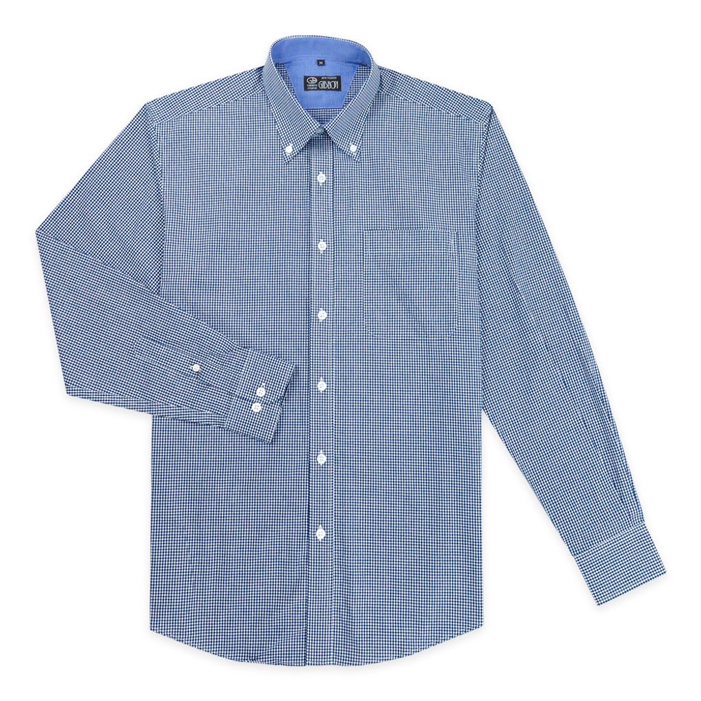 GIBBON 海軍藍細格紋純棉休閒長袖襯衫-後背單摺款-4