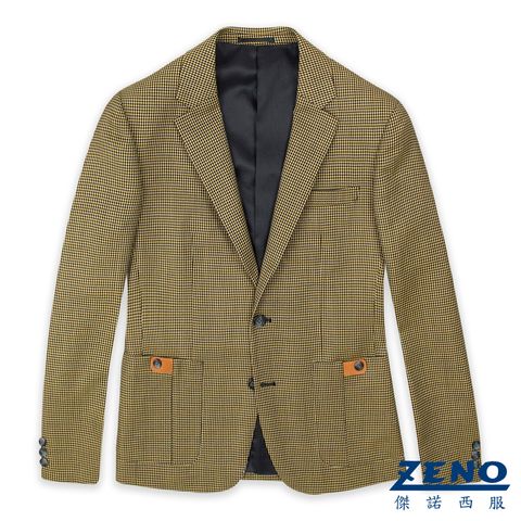ZENO傑諾-千鳥格紋羊毛獵裝外套-卡其 46-52