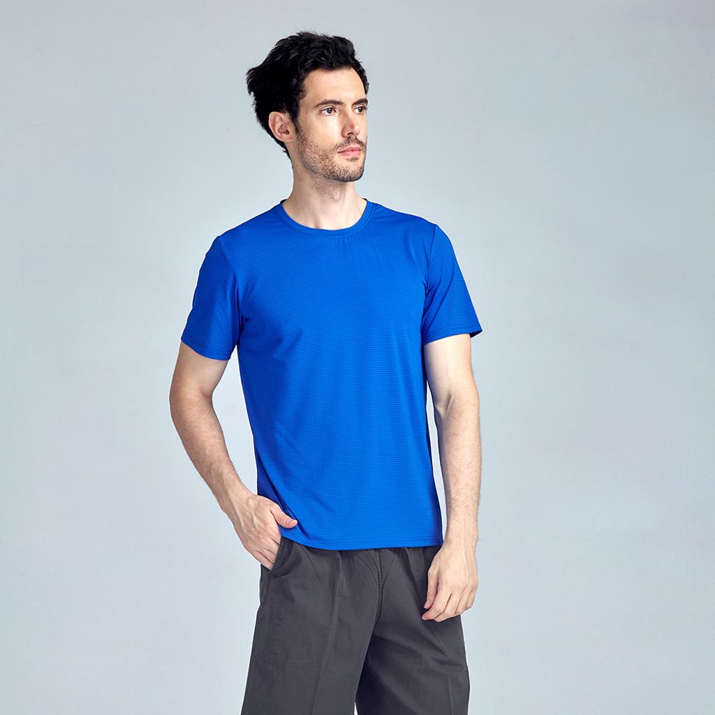 ZENO 涼感速乾圓領條紋短袖T恤‧寶石藍-3