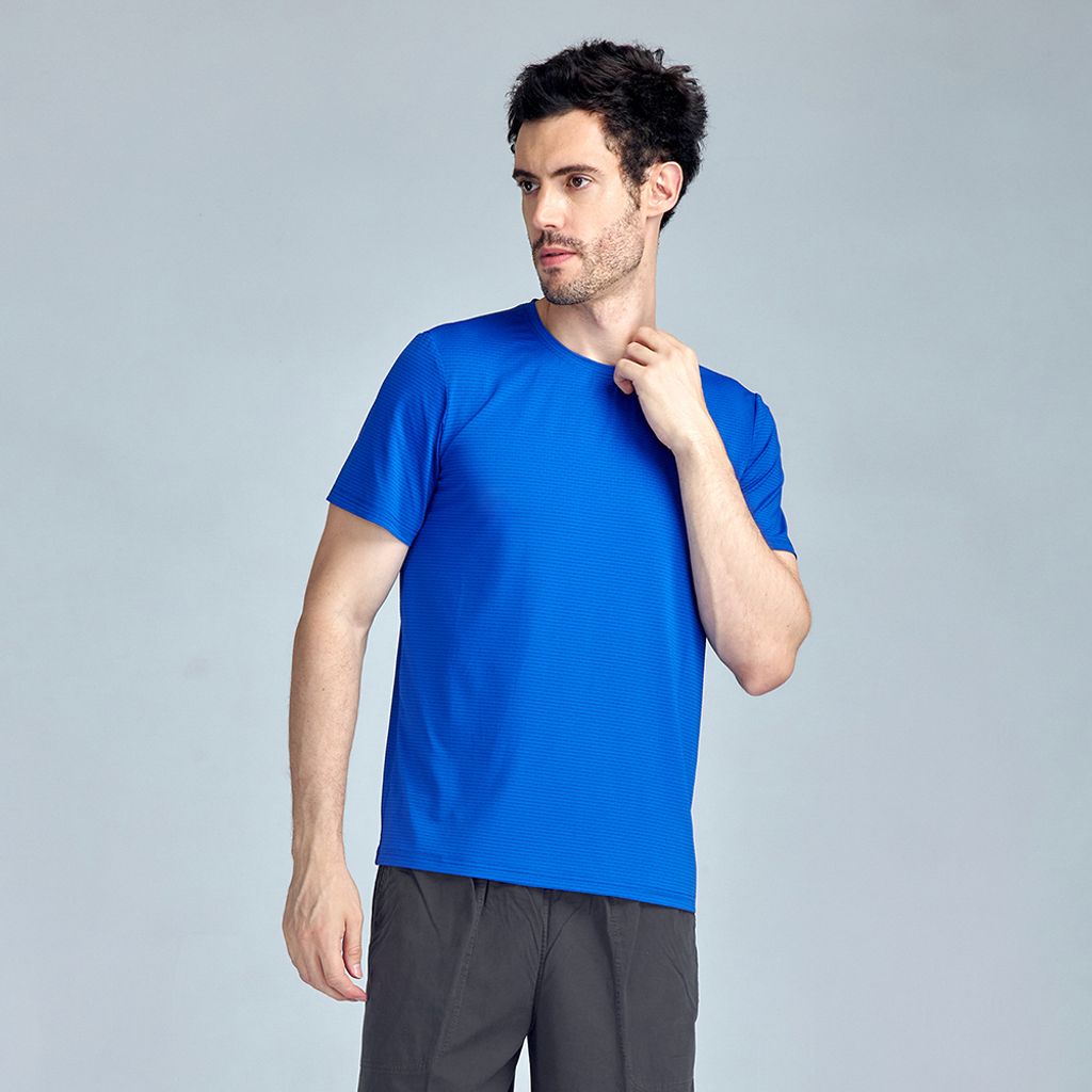 ZENO 涼感速乾圓領條紋短袖T恤‧寶石藍-4