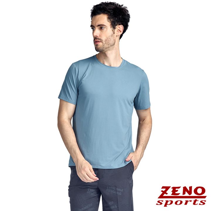 ZENO 涼感速乾圓領條紋短袖T恤‧淺天藍