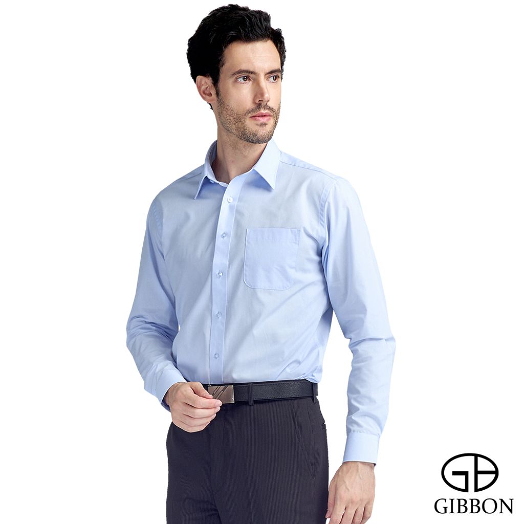 GIBBON 經典商務素面質感長袖襯衫 淡藍款