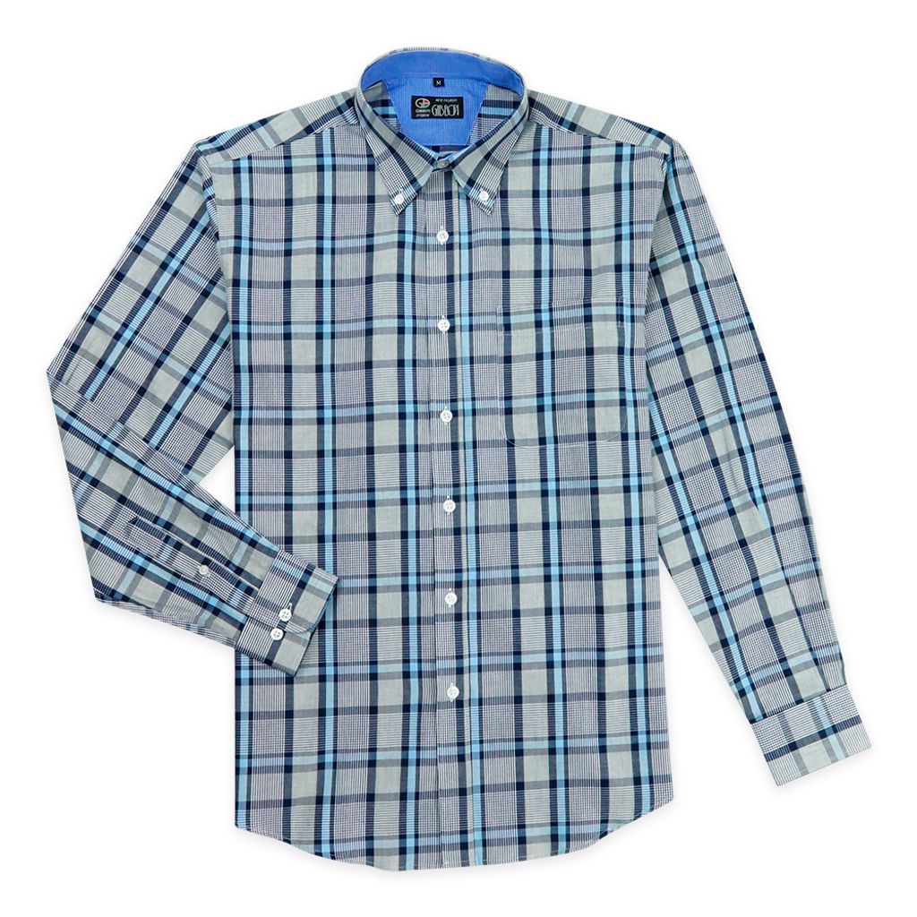 GIBBON 英倫風格紋休閒長袖襯衫水藍灰格-後背單摺款