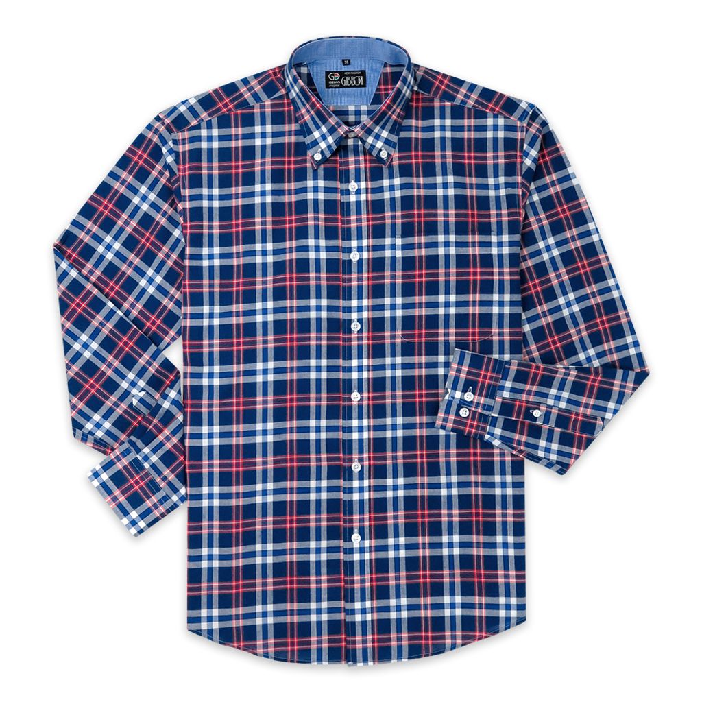 GIBBON 英倫風格紋休閒長袖襯衫藍紅格-4