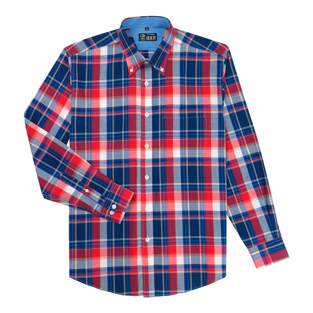 GIBBON 英倫風格紋休閒長袖襯衫紅藍格-4