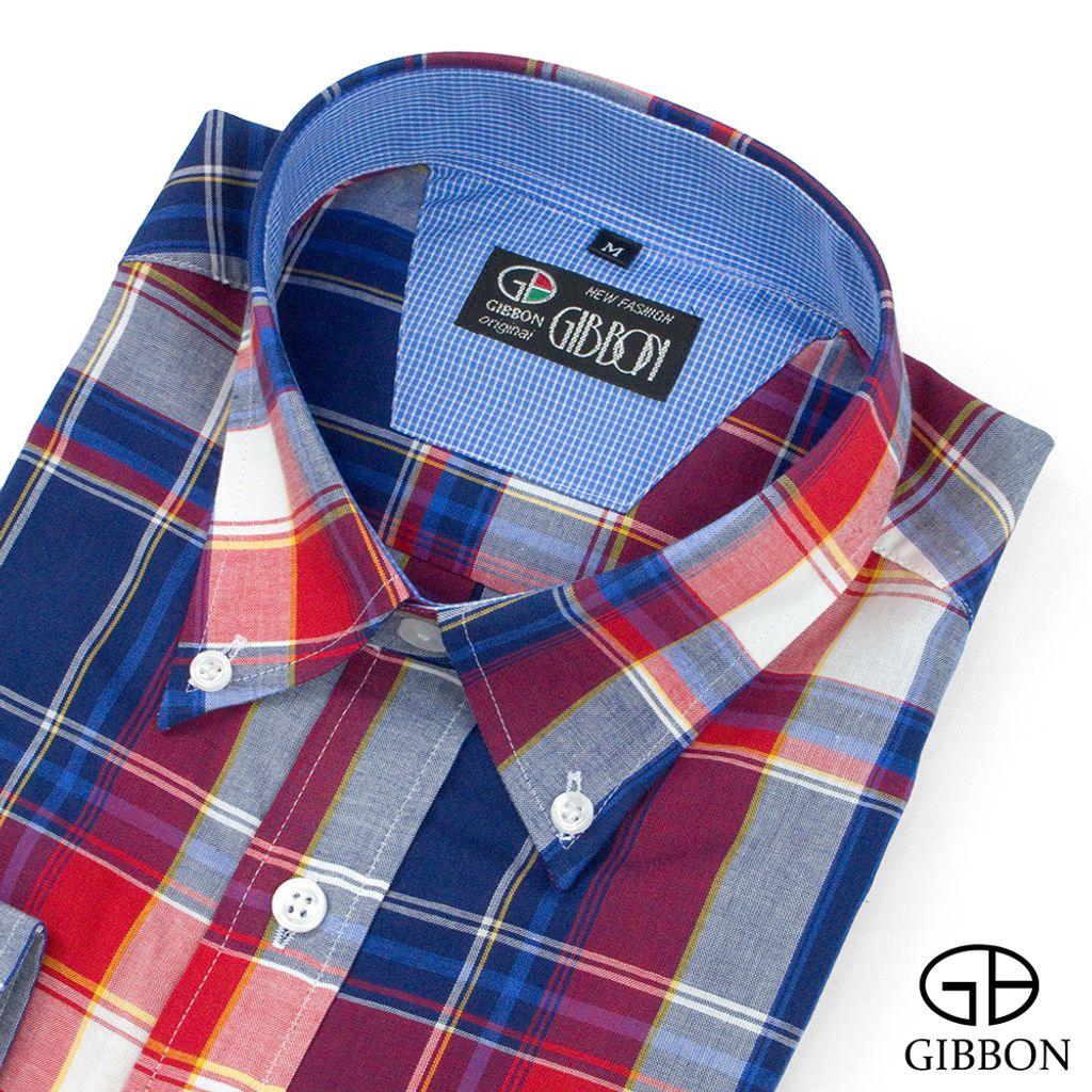 GIBBON 英倫風格紋休閒長袖襯衫紅藍格