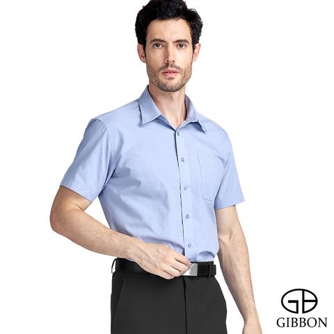 GIBBON 涼感透氣舒適質感短袖襯衫 灰藍款