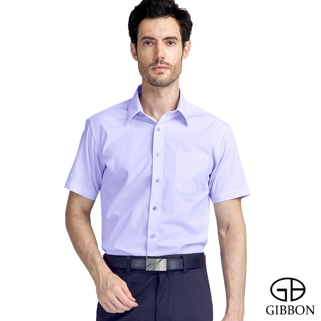 GIBBON 涼感透氣舒適質感短袖襯衫(領扣款) 淡紫色