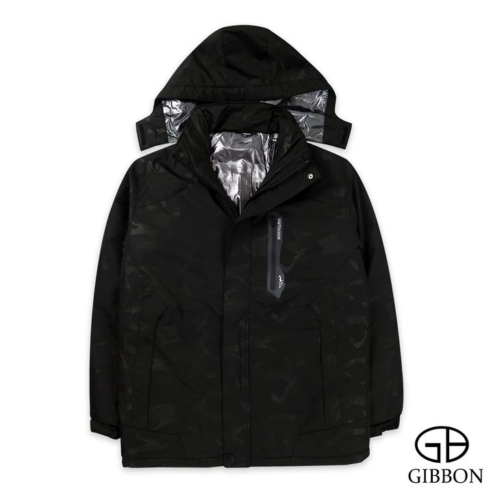 GIBBON 率性連帽防風加絨保暖外套‧迷彩暗紋(墨綠)