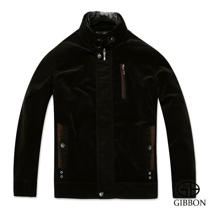 GIBBON 優雅質感仿絨條紋禦寒外套‧黑褐