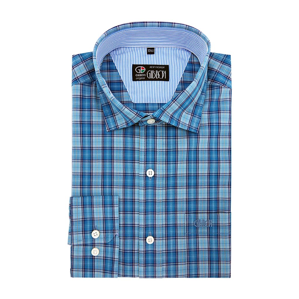 3-GIBBON吉朋-簡約休閒格子純棉長袖襯衫‧藍綠格