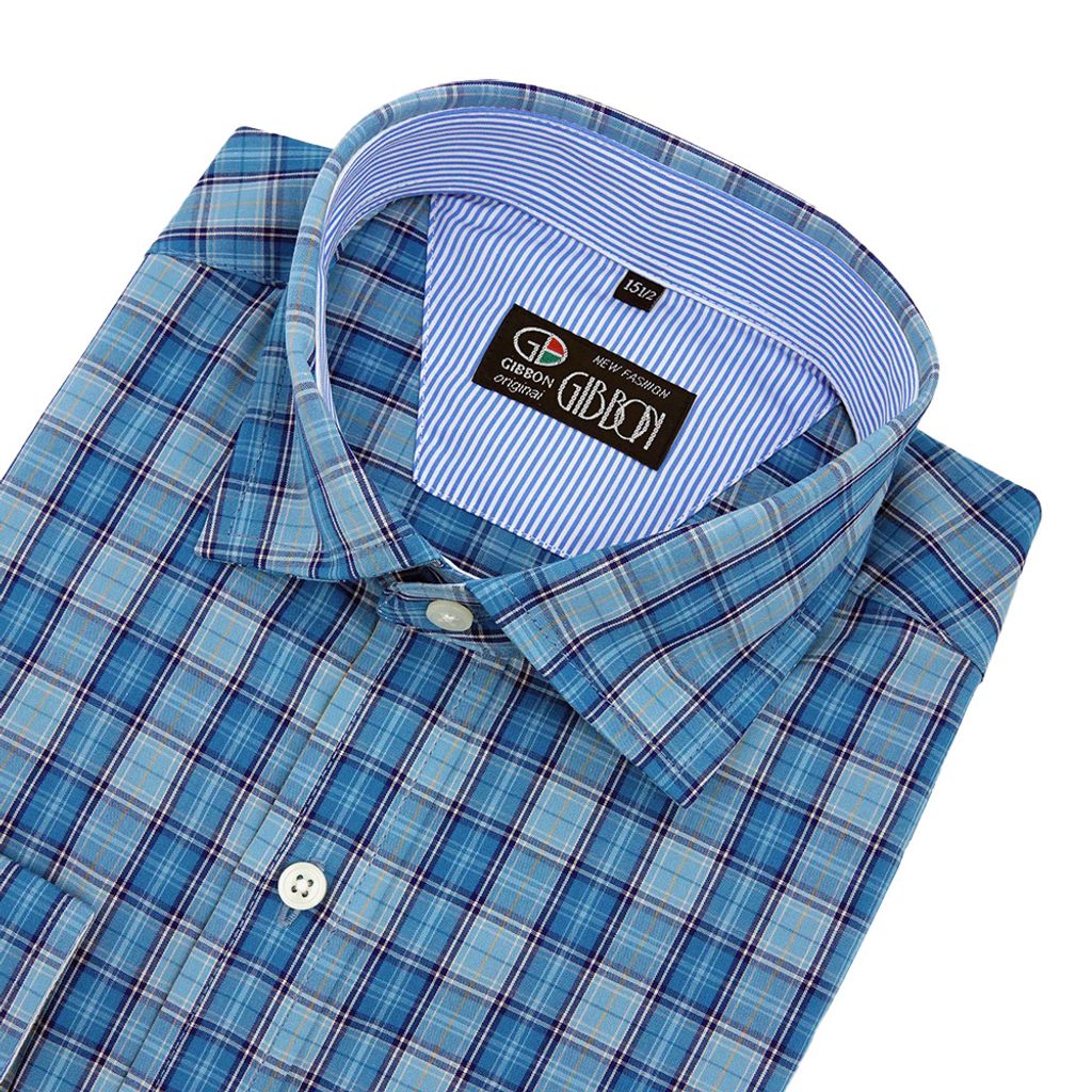 5-GIBBON吉朋-簡約休閒格子純棉長袖襯衫‧藍綠格