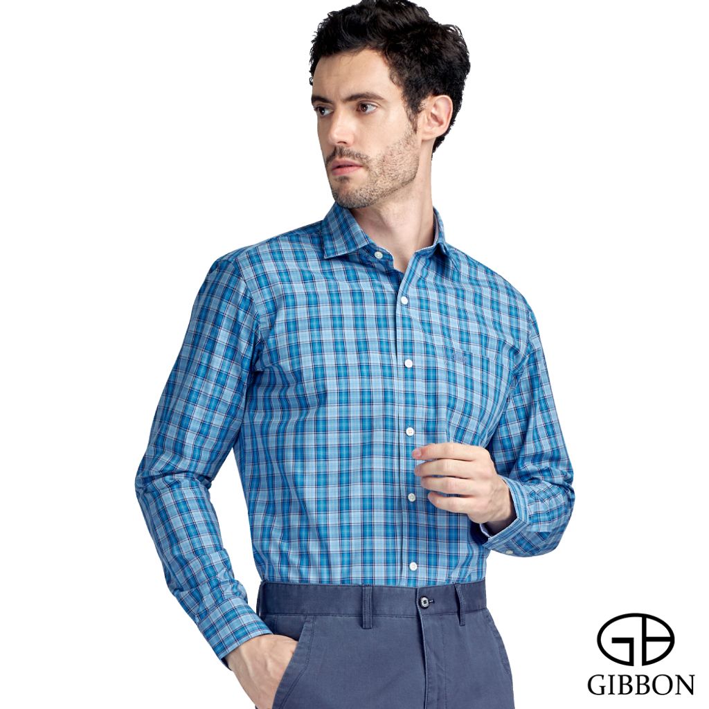 1-GIBBON吉朋-簡約休閒格子純棉長袖襯衫‧藍綠格