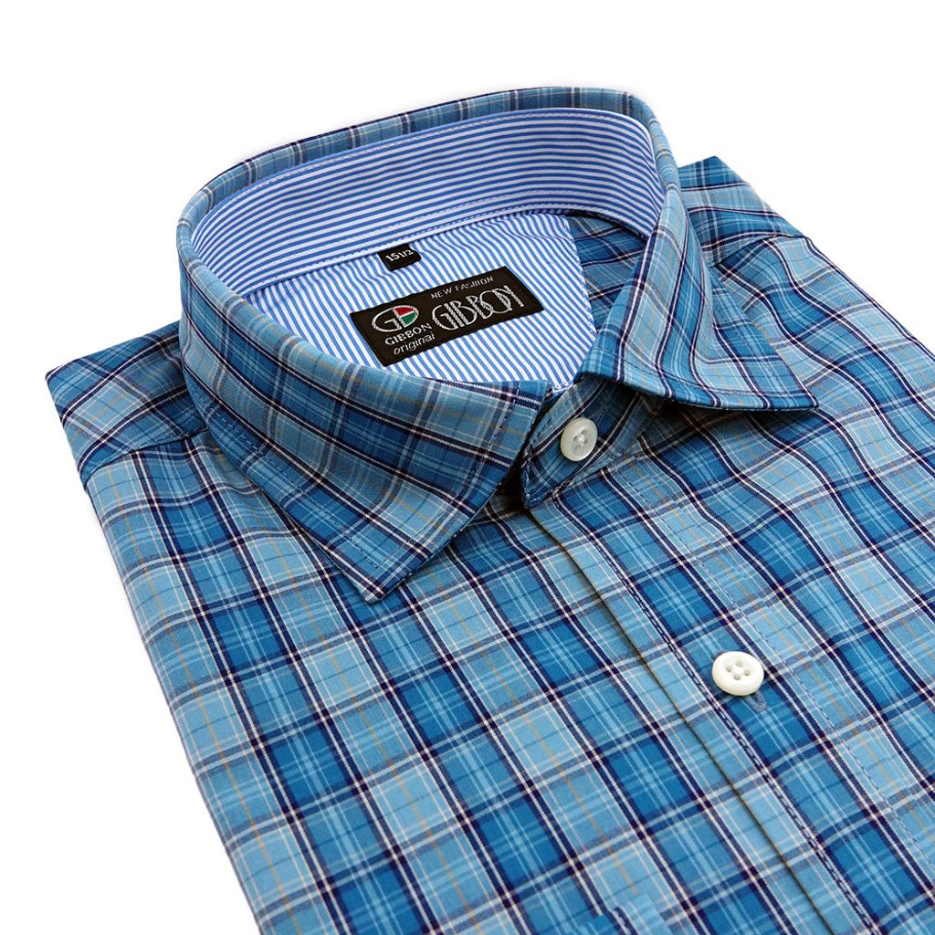 4-GIBBON吉朋-簡約休閒格子純棉長袖襯衫‧藍綠格