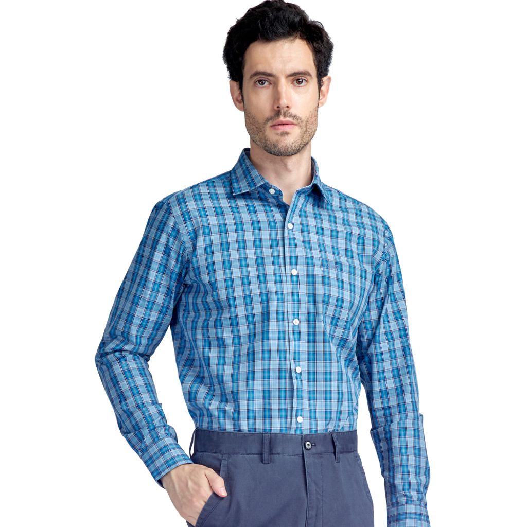 2-GIBBON吉朋-簡約休閒格子純棉長袖襯衫‧藍綠格