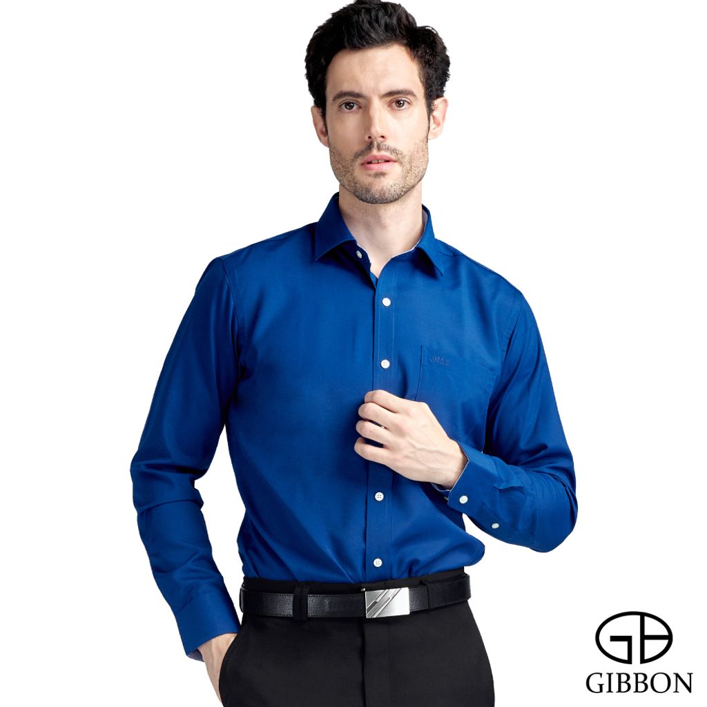 1-GIBBON吉朋-商務紳士素面彈性長袖襯衫‧深藍