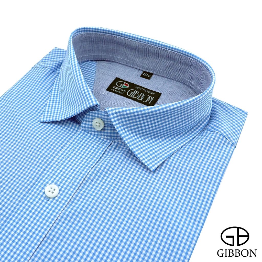 1-GIBBON吉朋-經典細格紋純棉長袖襯衫‧藍白格