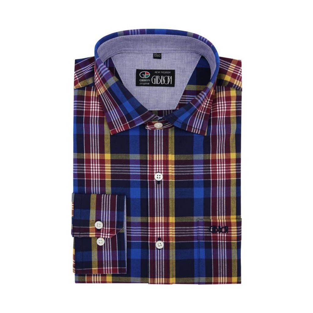 3-GIBBON吉朋-英倫風撞色格紋休閒長袖襯衫‧紅藍格