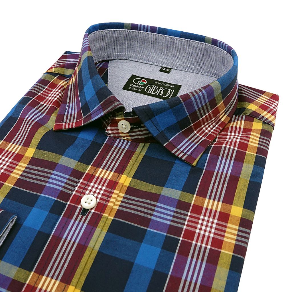 5-GIBBON吉朋-英倫風撞色格紋休閒長袖襯衫‧紅藍格