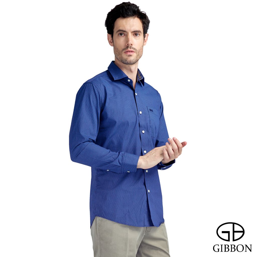 1-GIBBON吉朋-滿版印花方格休閒長袖襯衫‧深藍色