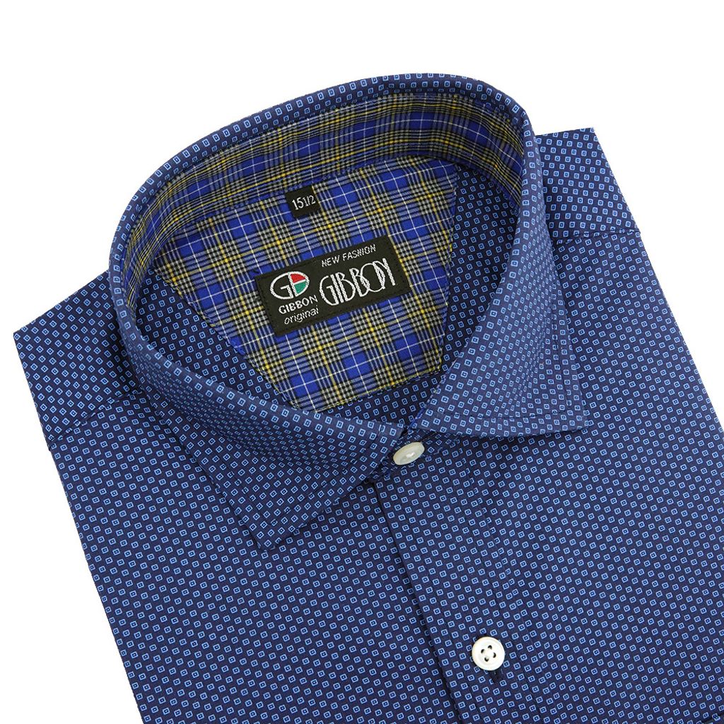 3-GIBBON吉朋-滿版印花方格休閒長袖襯衫‧深藍色