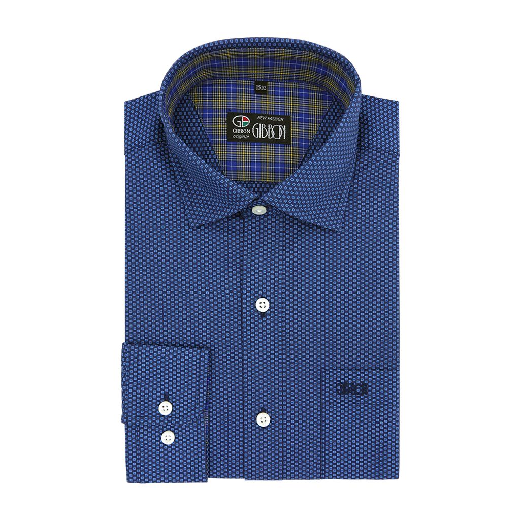 2-GIBBON吉朋-滿版印花方格休閒長袖襯衫‧深藍色