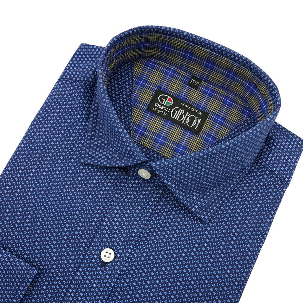 4-GIBBON吉朋-滿版印花方格休閒長袖襯衫‧深藍色