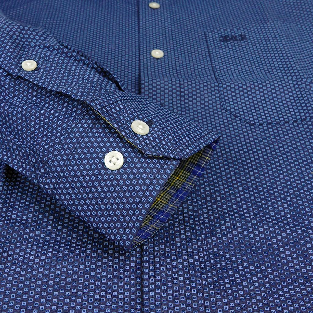 6-GIBBON吉朋-滿版印花方格休閒長袖襯衫‧深藍色