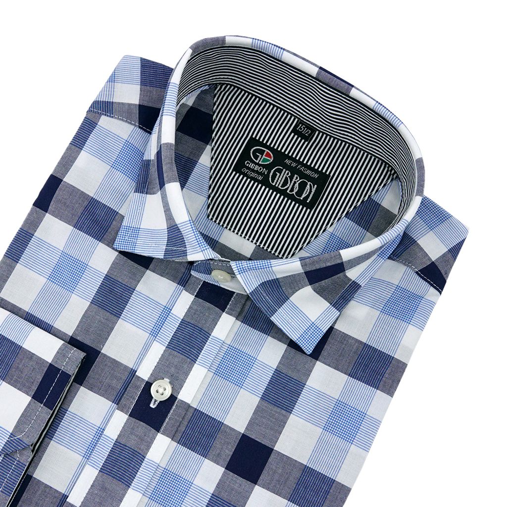 4-GIBBON吉朋-經典休閒雙色格紋長袖襯衫‧黑藍格