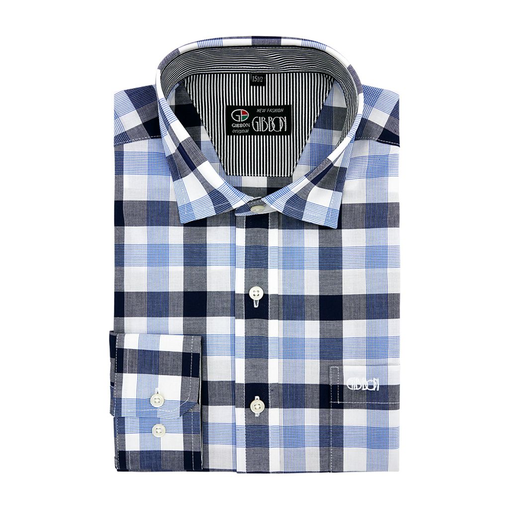 2-GIBBON吉朋-經典休閒雙色格紋長袖襯衫‧黑藍格