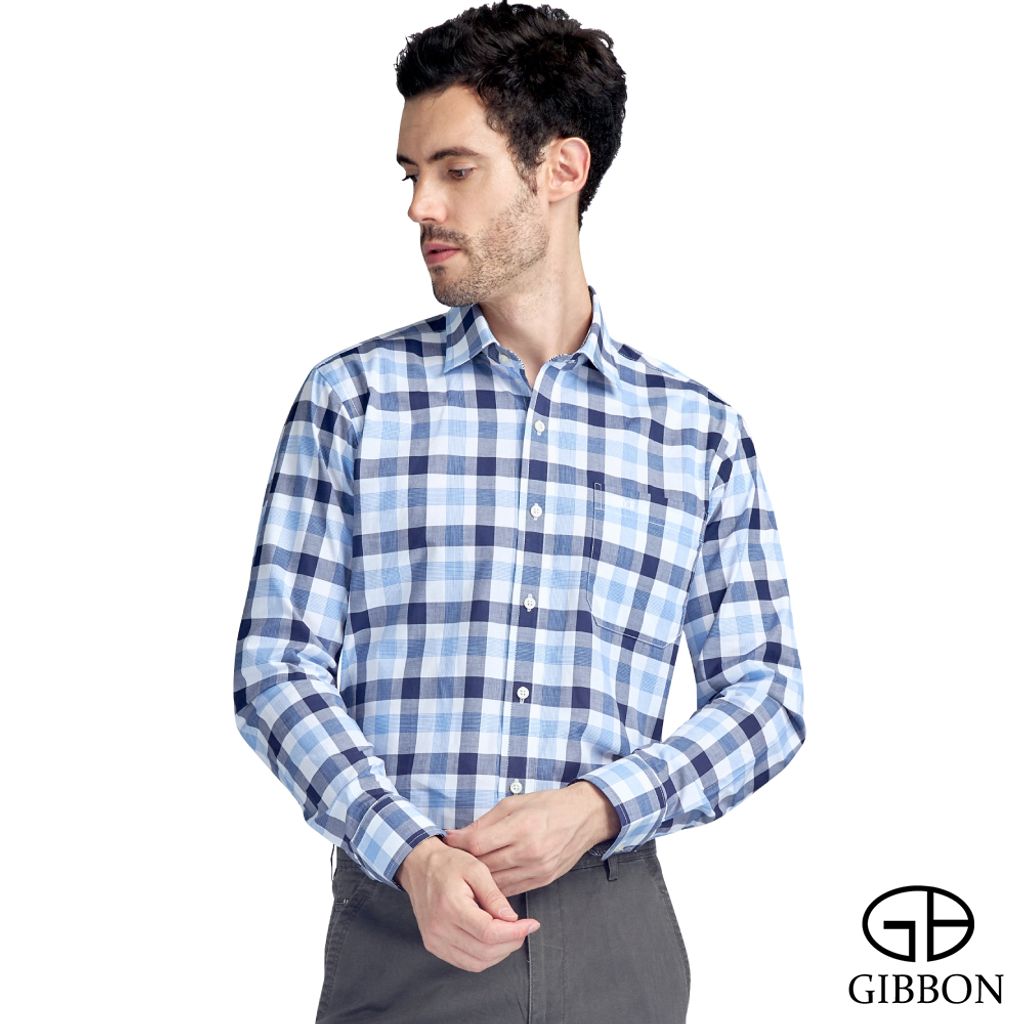1-GIBBON吉朋-經典休閒雙色格紋長袖襯衫‧黑藍格