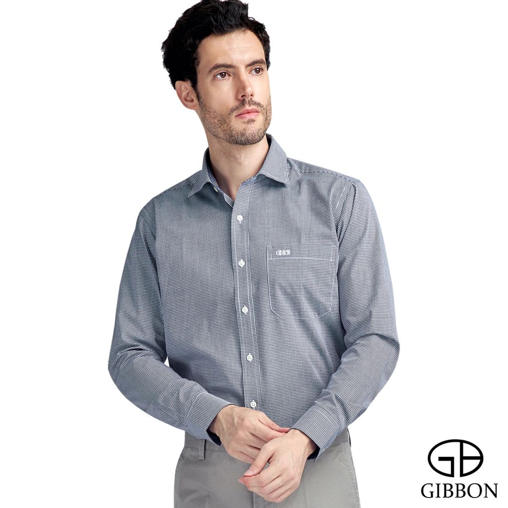 1-GIBBON吉朋-都會紳士細格紋長袖襯衫‧深灰格
