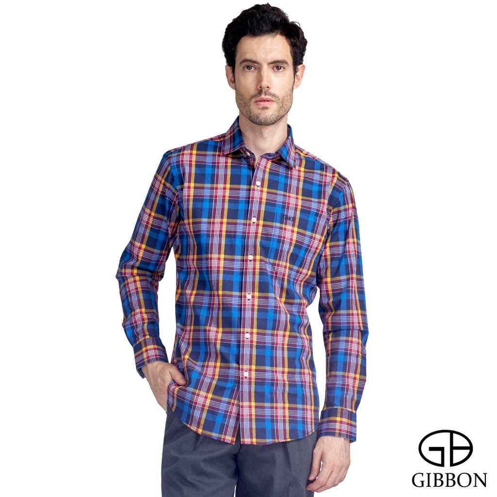 1-GIBBON吉朋-英倫風撞色格紋休閒長袖襯衫‧紅藍格