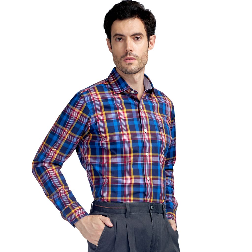 2-GIBBON吉朋-英倫風撞色格紋休閒長袖襯衫‧紅藍格