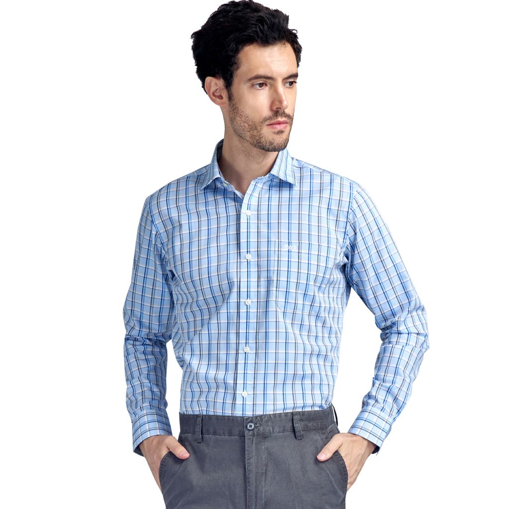 GIBBON吉朋-清新格紋純棉休閒長袖襯衫-水藍格/藍粉格