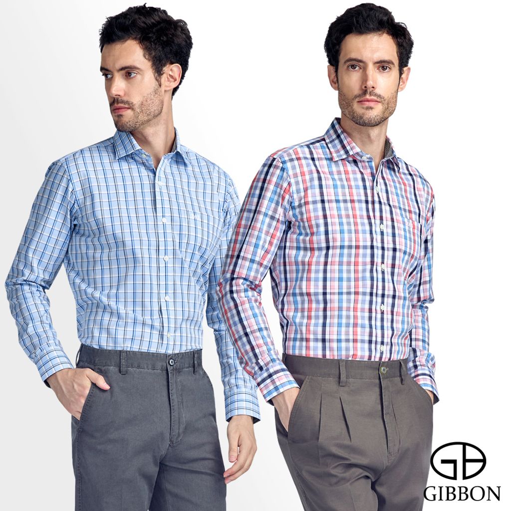 GIBBON吉朋-清新格紋純棉休閒長袖襯衫-水藍格/藍粉格