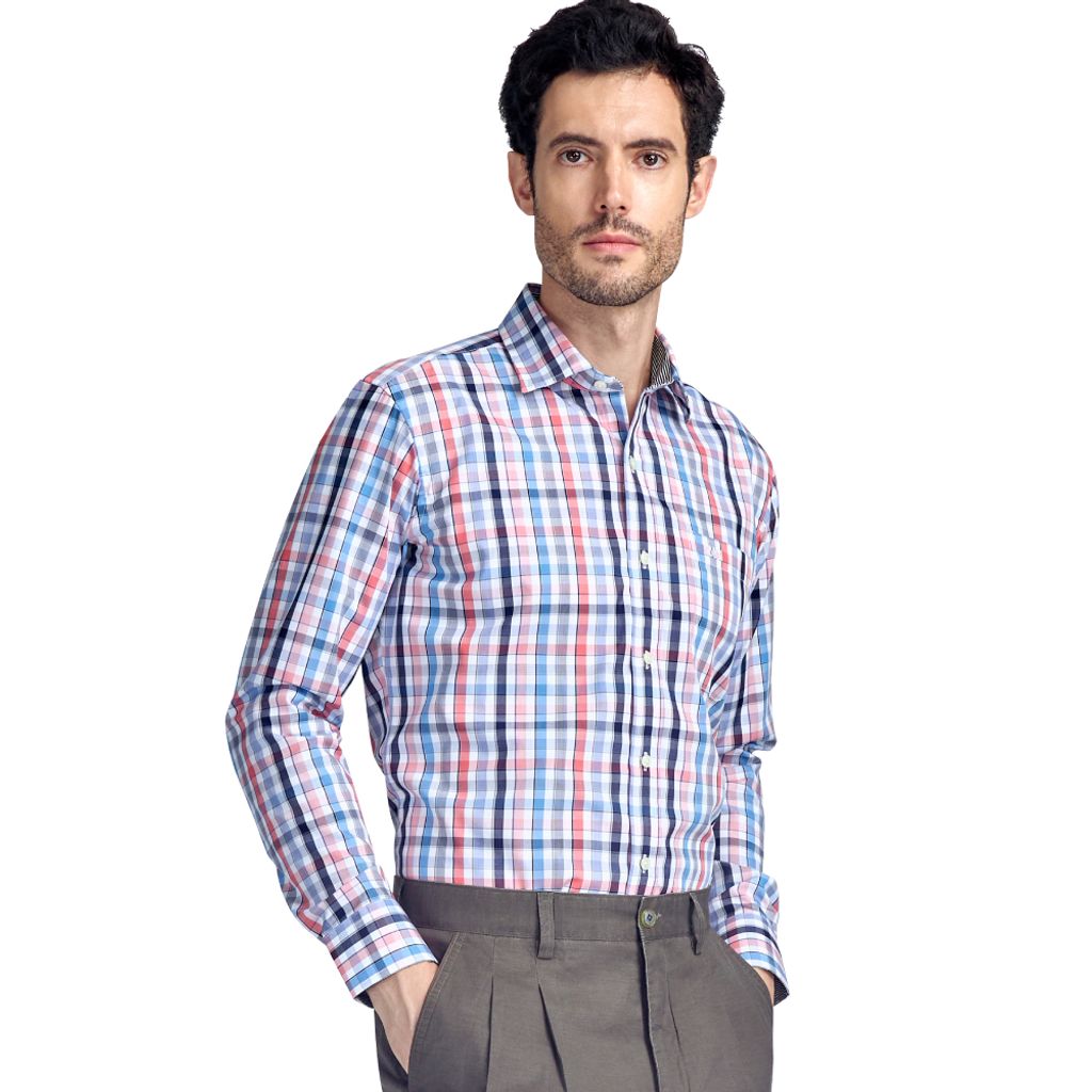 GIBBON吉朋-清新格紋純棉休閒長袖襯衫-水藍格/藍粉格