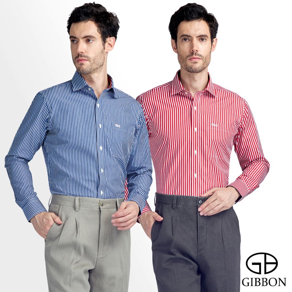 GIBBON吉朋-經典粗條紋休閒長袖襯衫-深藍/紅色