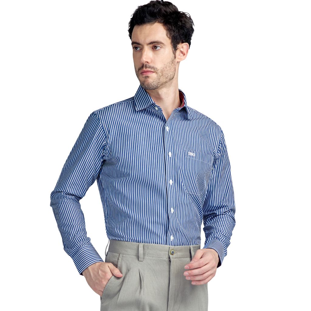 GIBBON吉朋-經典粗條紋休閒長袖襯衫-深藍/紅色