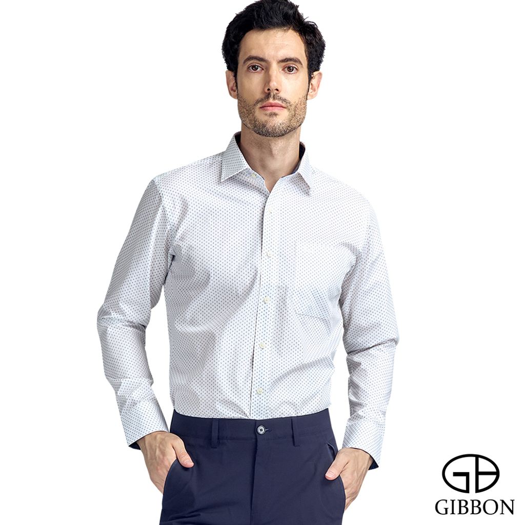 GIBBON吉朋-滿版印花質感休閒長袖襯衫‧白色