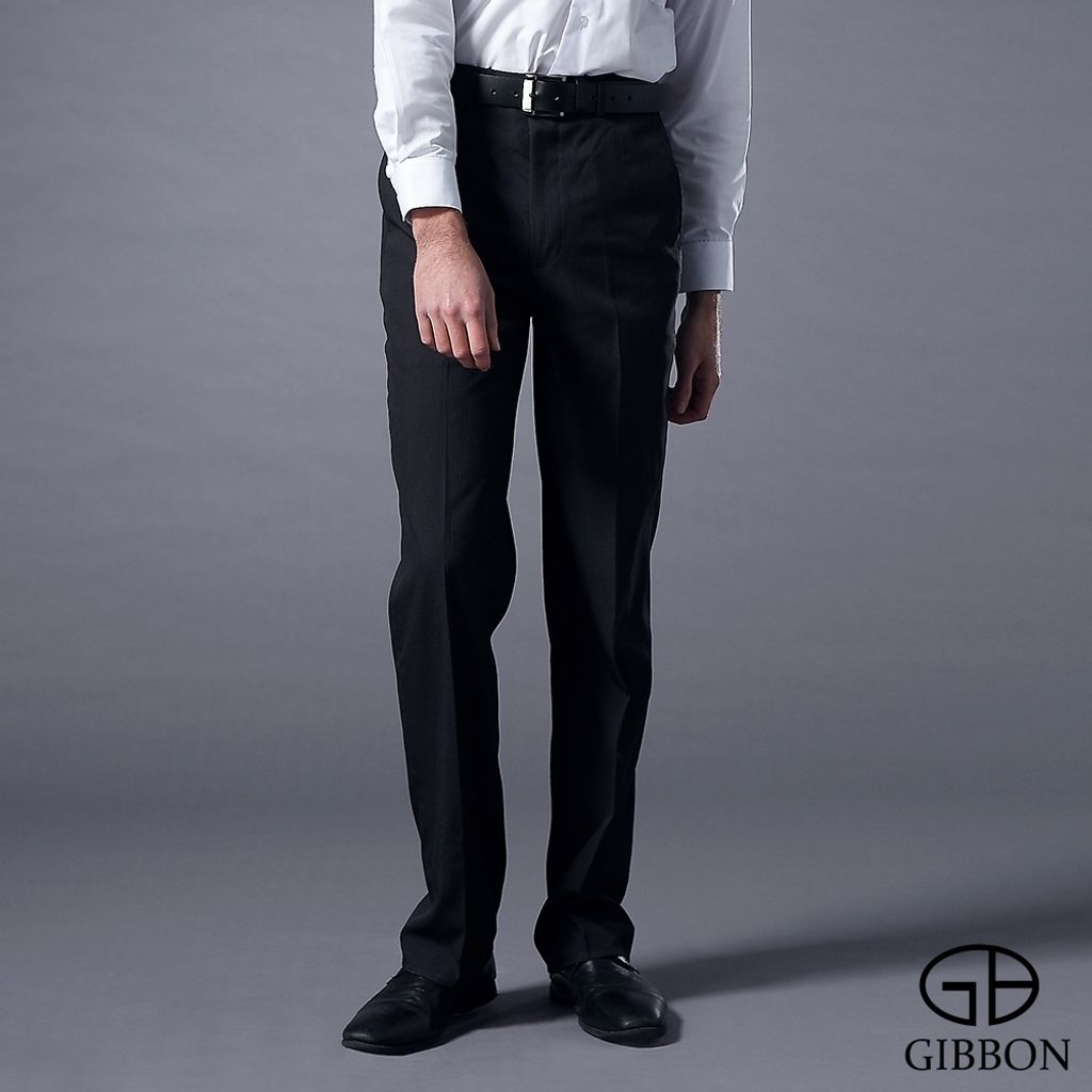 GIBBON 暖感厚質內刷毛條紋平面西裝褲‧黑藍條紋