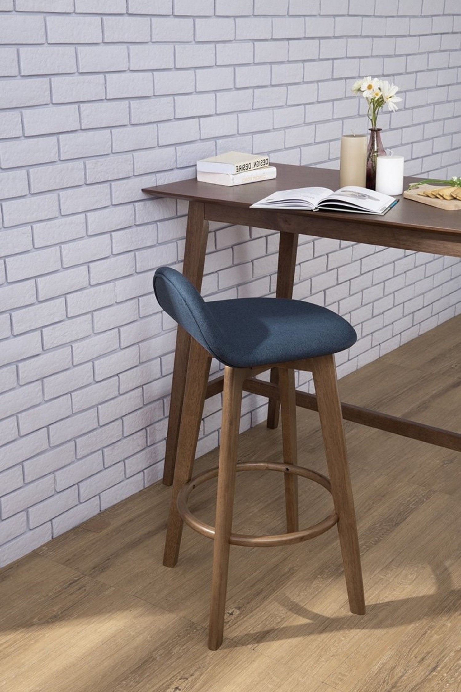 AIMIZON Nure Bar stool in Cocoa colour frame, Navy colour Challis fabric seat