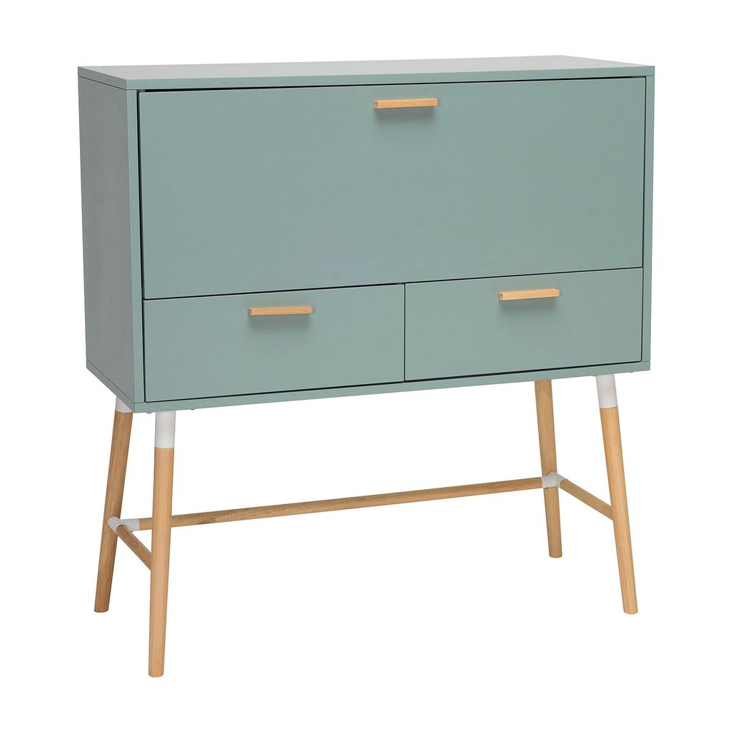 AIMIZON Brud Cabinet Desk in Sage Green body with Oak colour leg and handle, with Matt White Epoxy metal tube