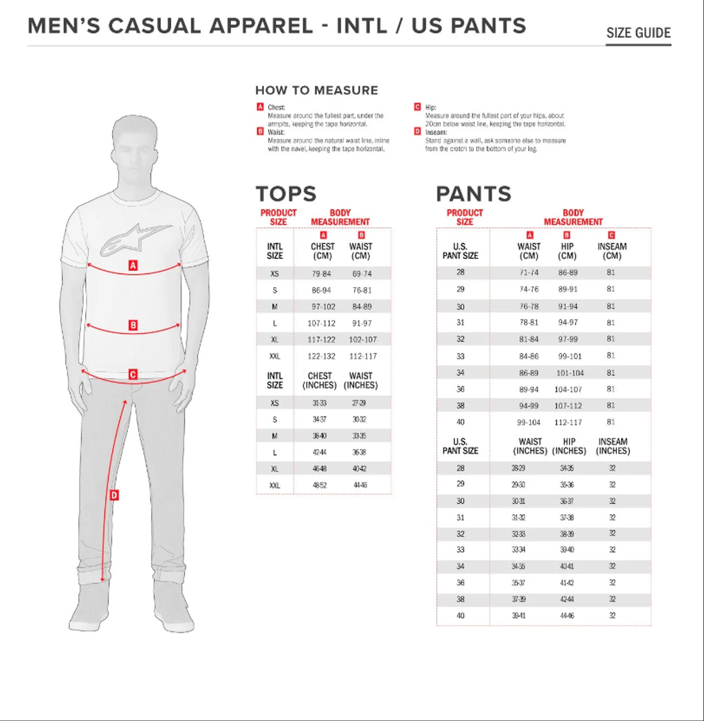 ASTAR CASUAL WEAR SIZE CHART