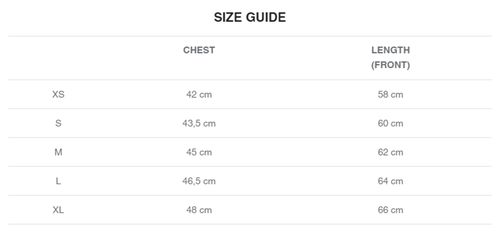 VR46 SIZE CHART WOMAN