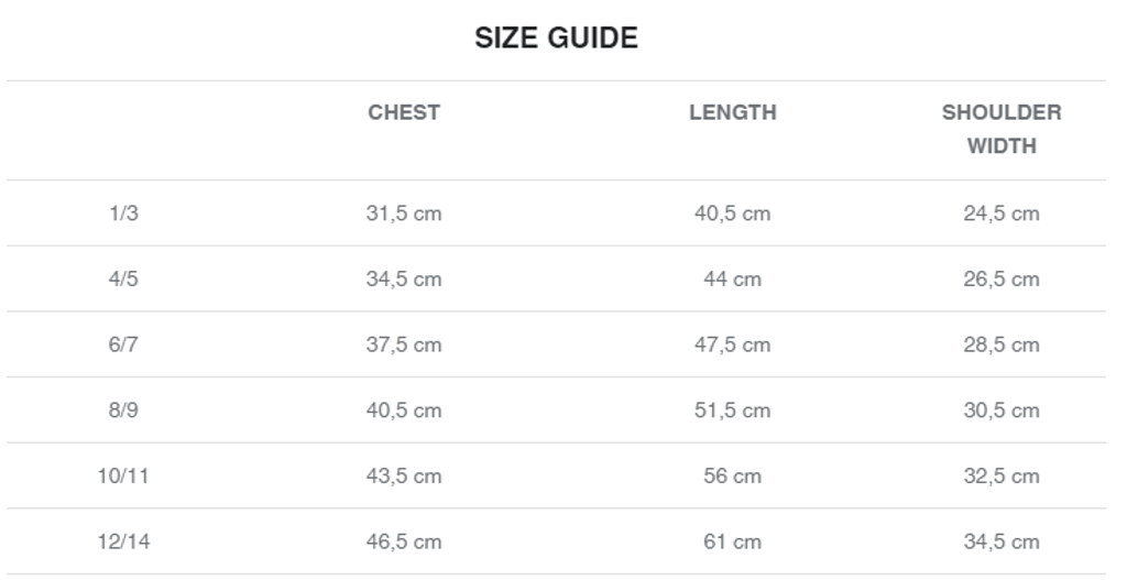 VR46 SIZE CHART KID