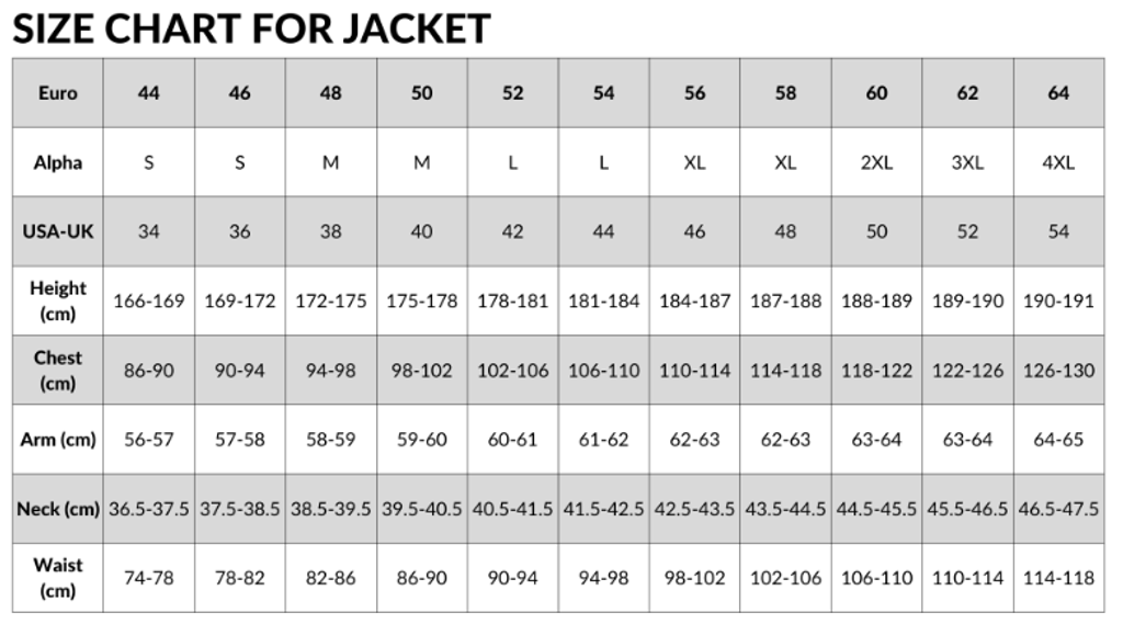 Dainese Jacket Size Chart